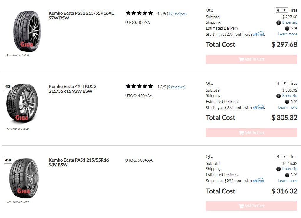 Kumho Tire Price Listings