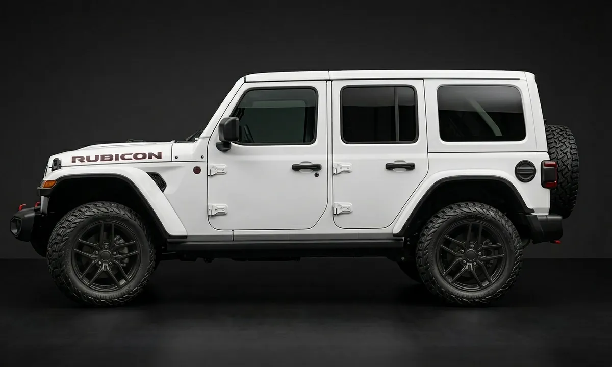 Predator New Mutant X-RT on a white Jeep Wrangler Rubicon, side view